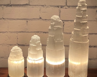 Selenite Crystal Skyscraper Tower Lamp, Dimmer Switch Electric Cord and Bulb, Cleansing