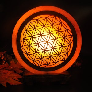 Himalayan Pink Salt Lamp with Flower of Life Carved Wood Sheet, Electric Cord & Bulb