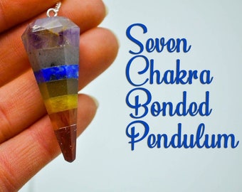 7 Chakra Bonded Pendulum with Silver Plated Faceted Chain, Healing Dowsing Energy Balancing Point Pendulum