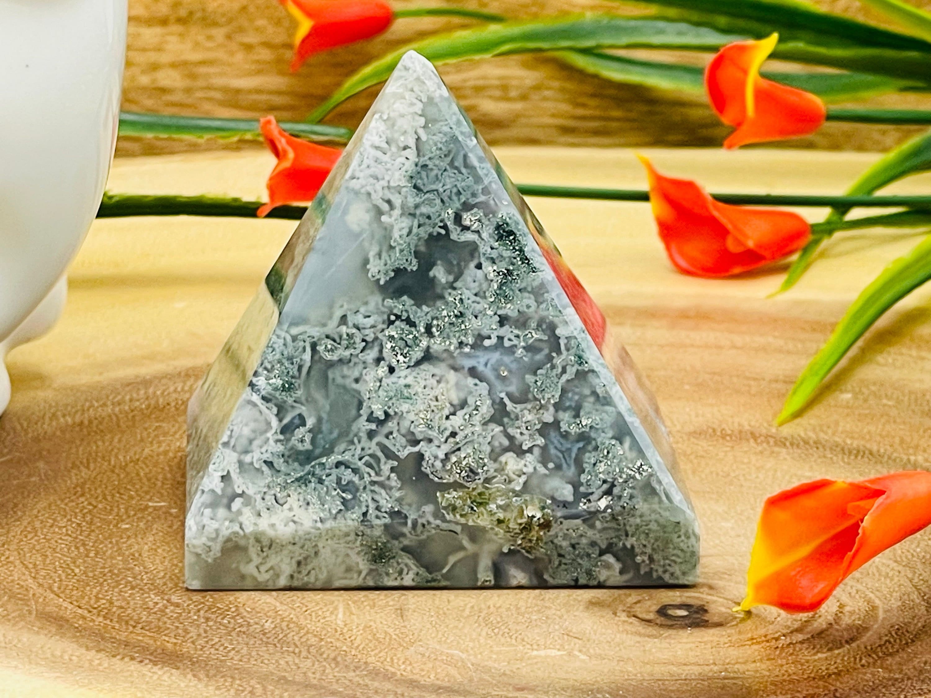 Moss Agate Crystal Pyramid, Chakra Stone 1 & 2 Inches