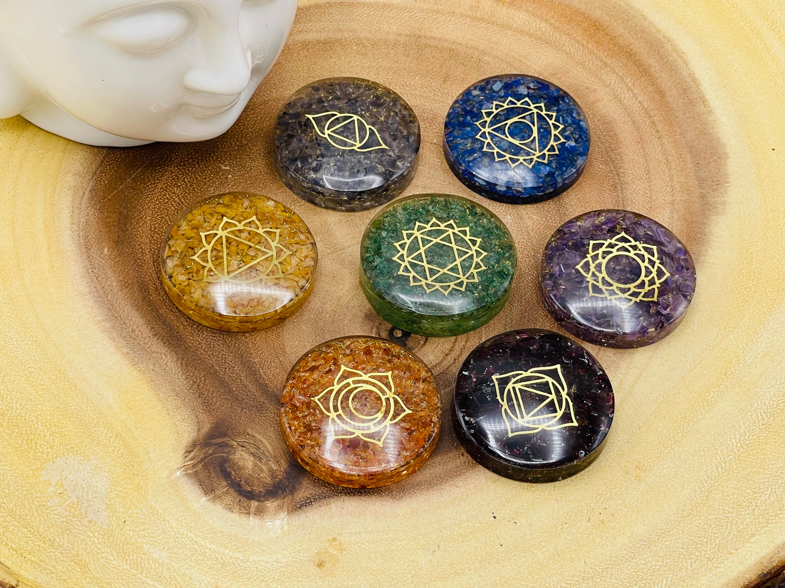 7 Chakra Palm Smooth Stone Set Engraved With Chakra Symbols, Healing ...