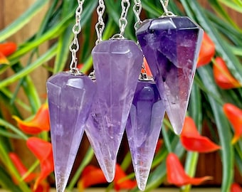Amethyst Crystal Pendulum with Silver Plated Faceted Chain, Healing Dowsing Energy Balancing Point Pendulum