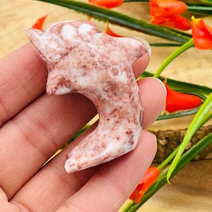 Puede incluir: Una mano sosteniendo una figurita de delf&iacute;n tallada en rosa y blanco. El delf&iacute;n est&aacute; hecho de una piedra marmoleada con un acabado liso y pulido.