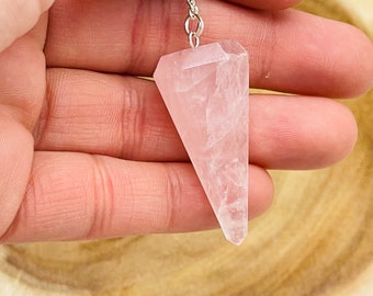 Rose Quartz Crystal Pendulum with Silver Plated Faceted Chain, Healing Dowsing Energy Balancing Point Pendulum