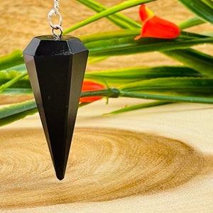 Black Tourmaline Crystal Pendulum with Silver Plated Faceted Chain, Healing Dowsing Energy Balancing Point Pendulum image 4