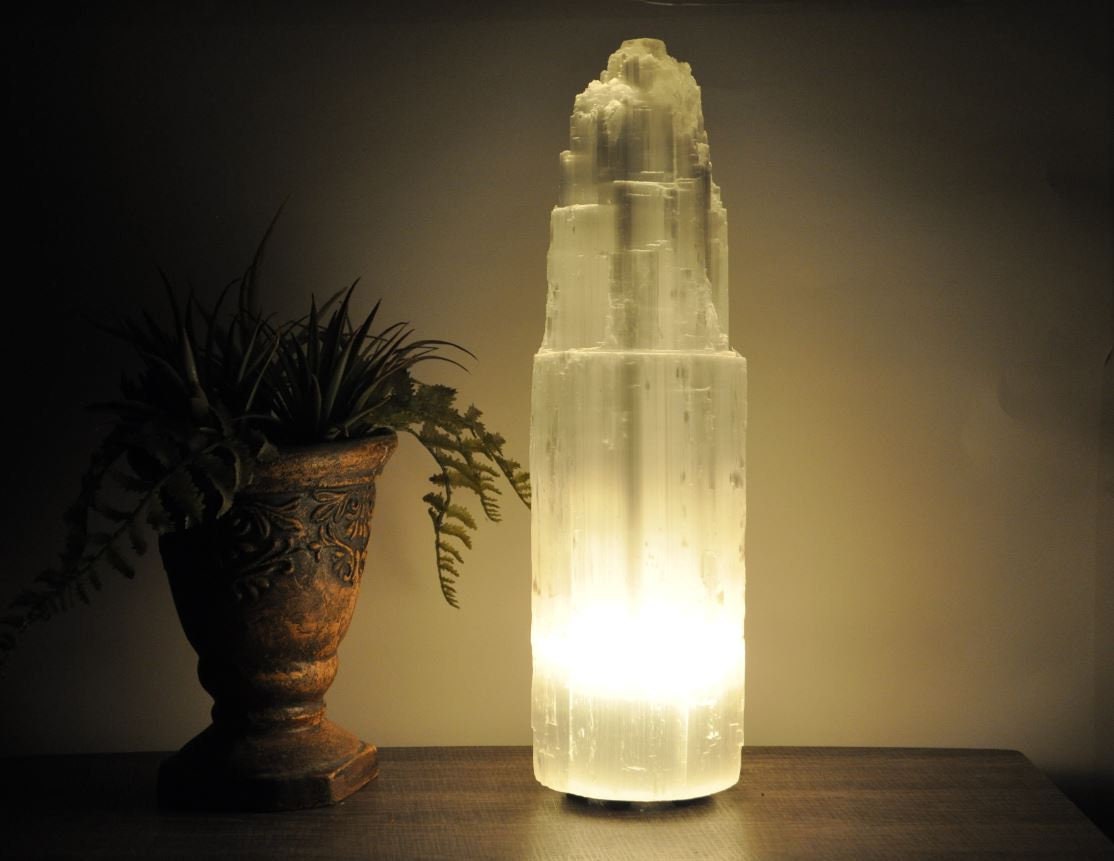 Selenite Crystal Skyscraper Tower Lamp With Dimmer Switch and Two