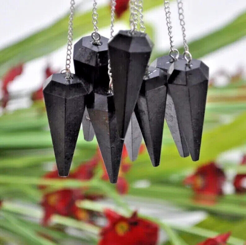 Black Tourmaline Crystal Pendulum with Silver Plated Faceted Chain, Healing Dowsing Energy Balancing Point Pendulum image 2
