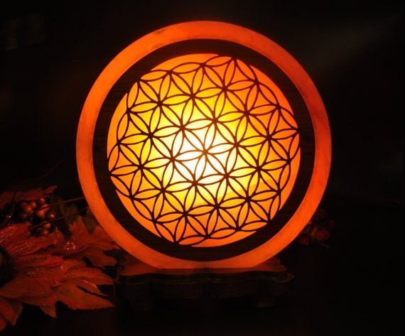 Himalayan Pink Salt Lamp with Flower of Life Carved Wood Sheet, Electric Cord & Bulb