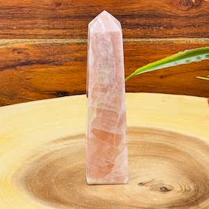 Peut inclure: Une pointe de cristal de quartz rose, &eacute;galement appel&eacute;e tour, sur une surface en bois. Le cristal est poli et a une finition lisse et vitr&eacute;e.