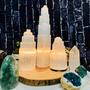 Selenite Crystal Skyscraper Tower Lamp with Dimmer Switch and Two Extra Bulbs ( 6, 8, 12 & 16 inch ), Selenite Night Light