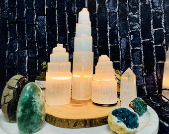 Selenite Crystal Skyscraper Tower Lamp with Dimmer Switch and Two Extra Bulbs ( 6, 8, 12 & 16 inch ), Selenite Night Light