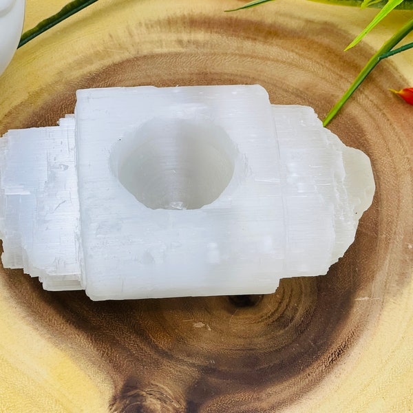 Raw Selenite Crystal Votive Candle Holder Log, Crystal Tea Light 5" Inch Candle Holder