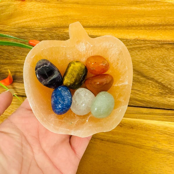 May include: A light orange, apple-shaped bowl made of selenite holds seven small, smooth, polished stones. The stones are various colours, including purple, gold, red, green, and blue.
