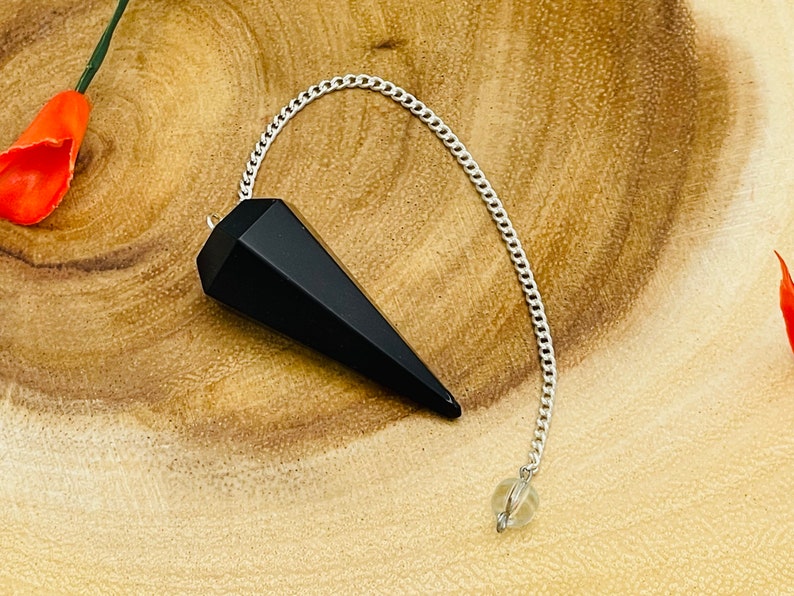 Black Tourmaline Crystal Pendulum with Silver Plated Faceted Chain, Healing Dowsing Energy Balancing Point Pendulum image 5