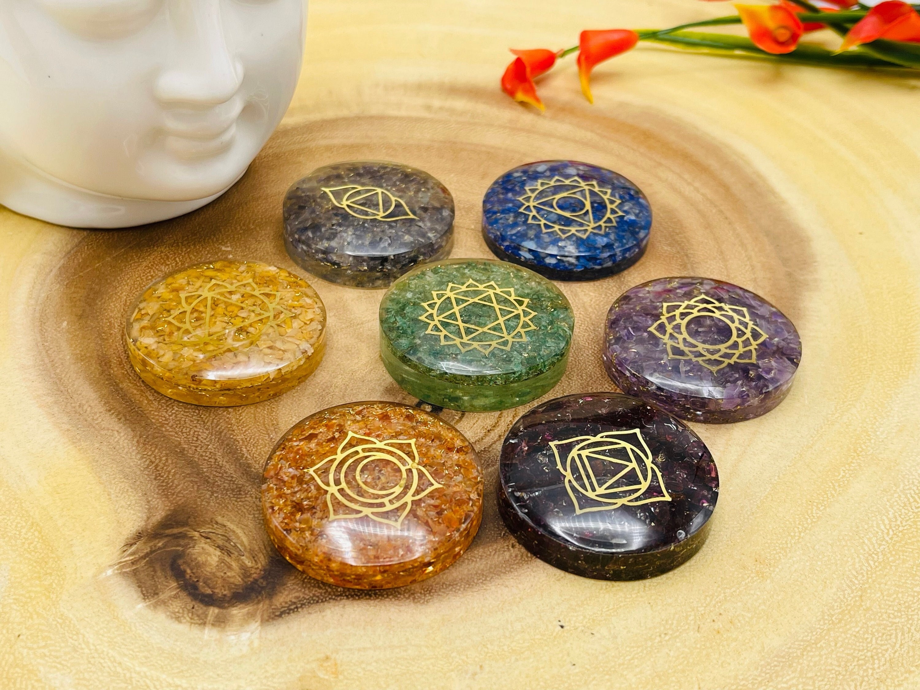 7 Chakra Palm Smooth Stone Set Engraved With Chakra Symbols, Healing ...