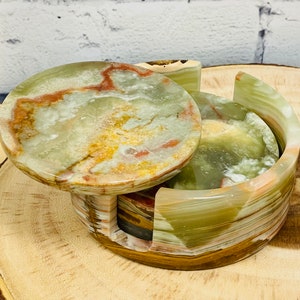 Green Onyx Coasters Set with Holder, Anti Scratch Surface Protection Pad, Set of 4