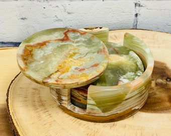 Green Onyx Coasters Set with Holder, Anti Scratch Surface Protection Pad, Set of 4
