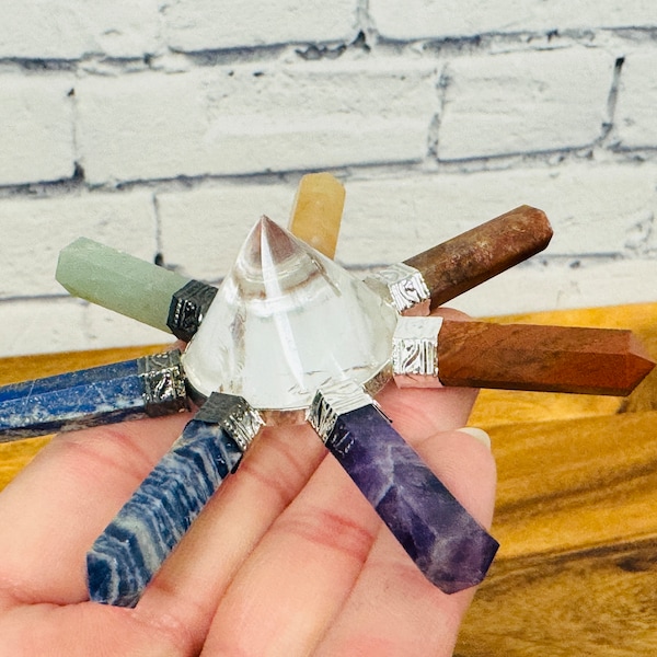 7 Chakra Assorted Crystal Energy Generator with Clear Quartz Center Pyramid Point, 4" Diameter
