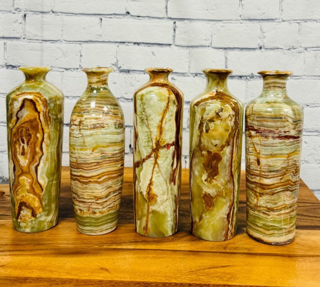 Banded Green Onyx Vases, Beautiful Flower Vases, Crystal Center Piece