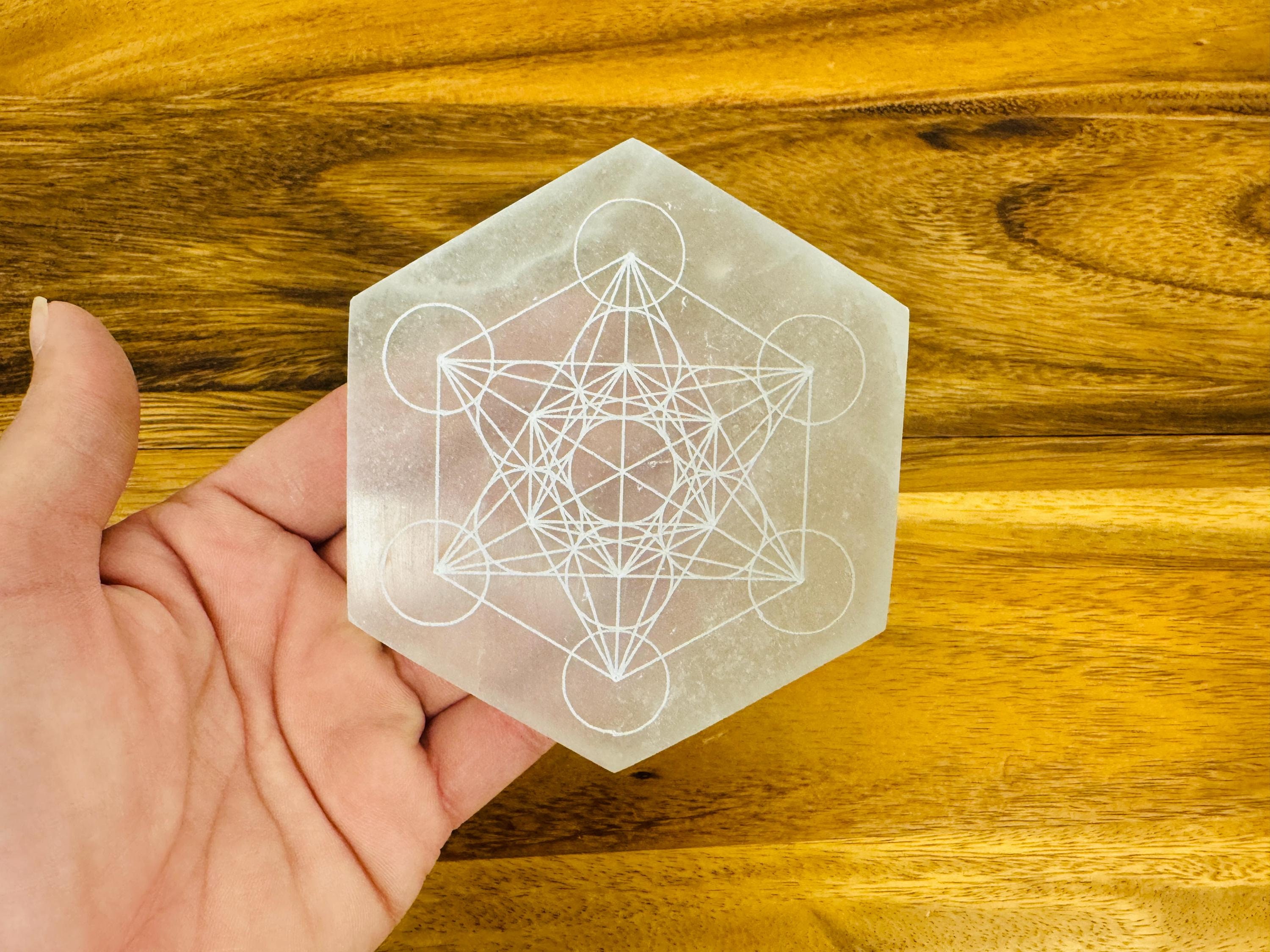 Engraved Selenite Charging Plate with Metatron's Cube Design, Hexagon Charging Station 4" & 6" inch in Size