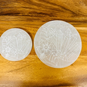 Engraved Selenite Crystal Charging Station 4&quot; & 6&quot; Round Healing and Cleansing Plate