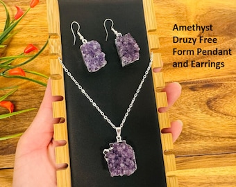 Amethyst Pendant Necklace and Earrings, Druzy Crystals, Silver Plated Jewelry Set, Gift Box