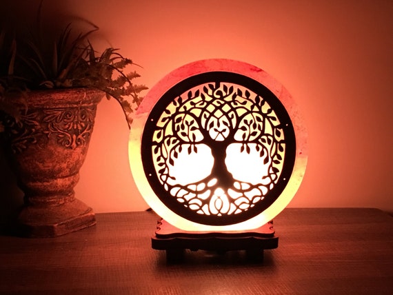 Himalayan Pink Salt Lamp with Tree of Life Carving on Wood Sheet