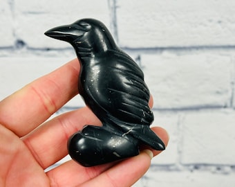 Shungite Crystal Raven Bird Figurine, Spirit Animal Standing Crow Statuette, EMF Protector Healing Crystal, Sacred Animal 3"