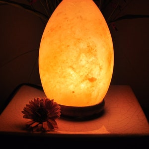 May include: A warm, orange glow emanates from a large, egg-shaped salt lamp. The lamp is made of natural Himalayan salt crystals and sits on a wooden base.