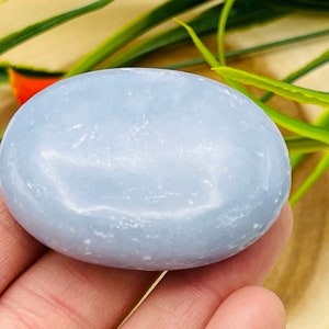 Blue Angelite Massage Palm Stone, Pocket Gemstone for Meditation, Healing & Stress Relieve