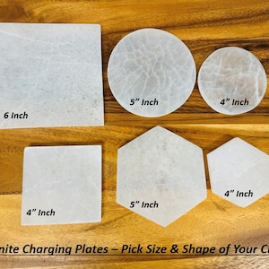 May include: Six selenite charging plates in various shapes and sizes. The plates are white and have a natural, textured surface. The plates are labeled with their dimensions in inches. The text "Selenite Charging Plates - Pick Size & Shape of Your Choice" is at the bottom of the image.