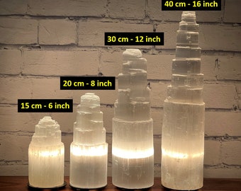 Selenite Crystal Skyscraper Tower Lamp with Dimmer Switch and Two Extra Bulbs ( 6, 8, 12 & 16 inch ), Selenite Night Light