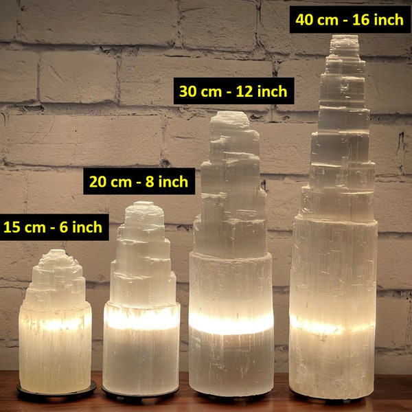 Selenite Crystal Skyscraper Tower Lamp with Dimmer Switch and Two Extra Bulbs ( 6, 8, 12 & 16 inch ), Selenite Night Light