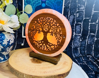 Himalayan Pink Salt Lamp with Tree Of Life Carving on Wood Sheet, Pink Salt Desk Lamp with Dimmer Switch & 2 Bulbs, 10&quot; Height