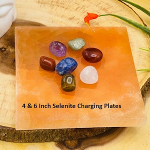 Selenite Charging Station Plate with 7 Chakra Tumbled Rock Stone Set & Velvet Pouch, 4&quot; and 6&quot; Crystal Holder Plate for Cleansing