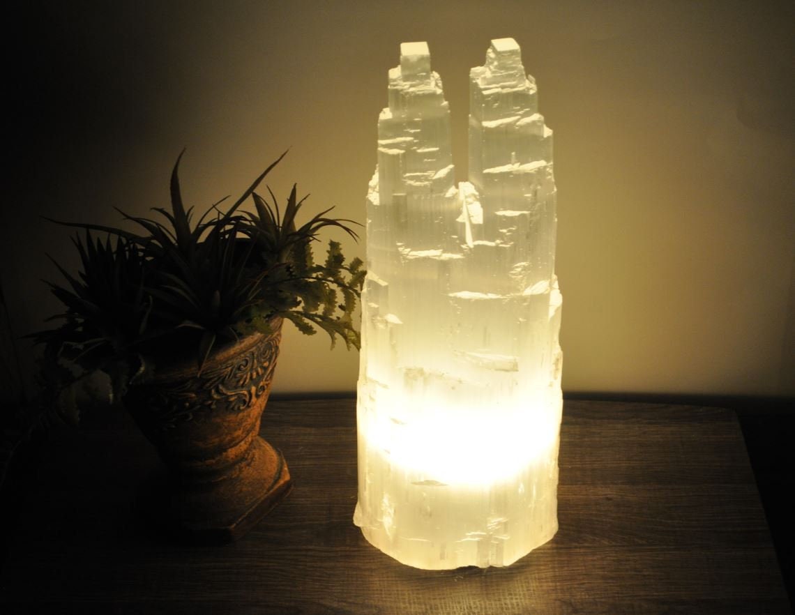 Selenite Crystal Skyscraper Tower Lamp With Dimmer Switch and