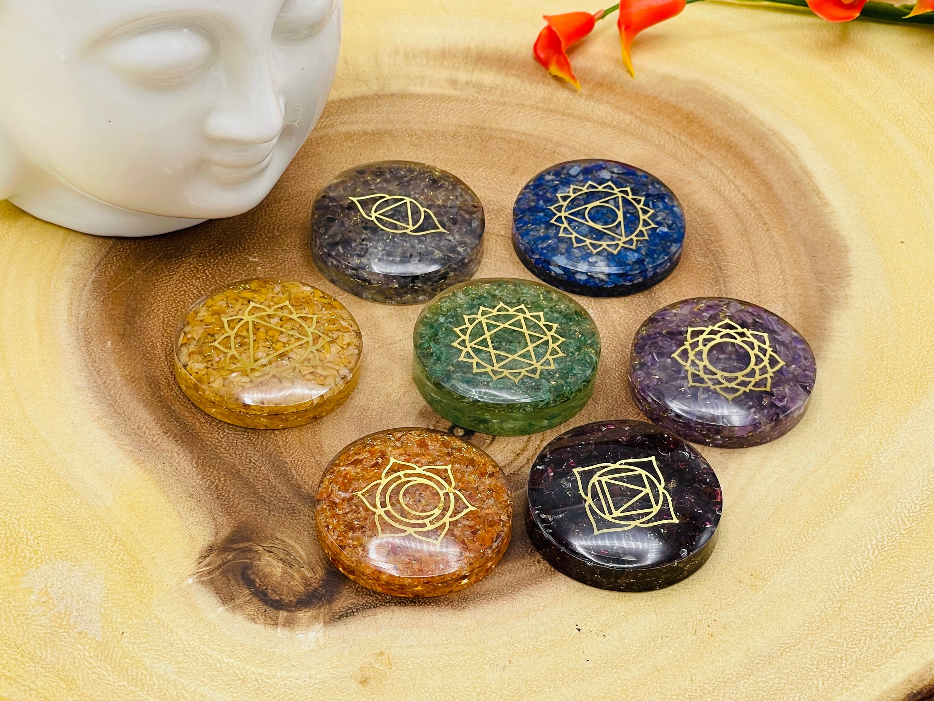 7 Chakra Palm Smooth Stone Set Engraved With Chakra Symbols, Healing ...