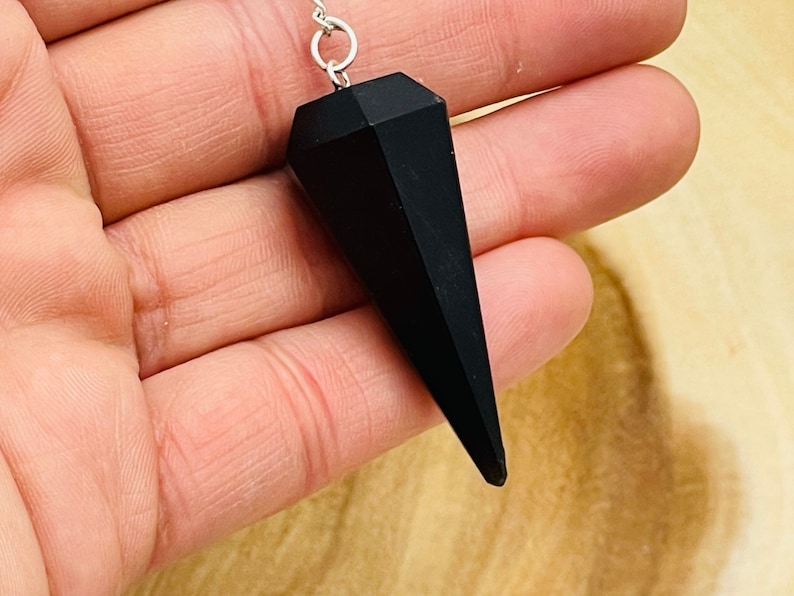 Black Tourmaline Crystal Pendulum with Silver Plated Faceted Chain, Healing Dowsing Energy Balancing Point Pendulum image 1