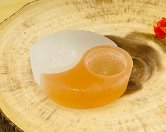 Selenite Yin Yang Candle Holder Centerpiece, White & Orange Selenite Crystal, 4 inch