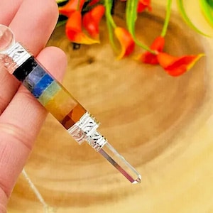 7 Chakra Bonded Pencil Pendulum with Silver Plated Faceted Chain, Healing Dowsing Energy Balancing Point Pendulum