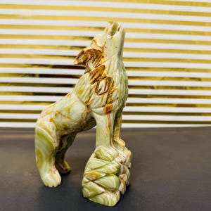 Onyx Howling Wolf Figurine, Crystal Carving Spirit Animal, Standing Statuette, 6 & 8 Inch
