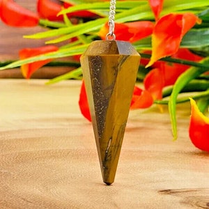 Tiger Eye Crystal Pendulum with Silver Plated Faceted Chain, Healing Dowsing Energy Balancing Point Pendulum