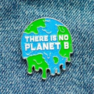 May include: A green and blue enamel pin with a melting earth design and the text "THERE IS NO PLANET B".
