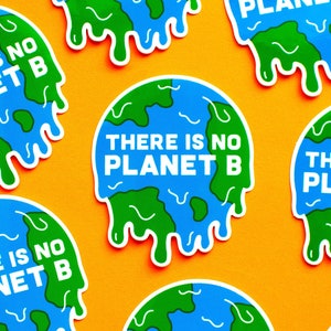 May include: Multiple blue and green earth-shaped stickers with the text "There is no Planet B" in white. The stickers are dripping with green and blue paint.