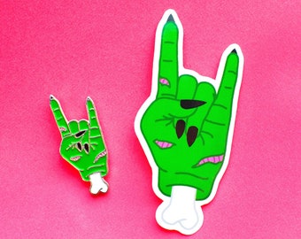 Zombie Rocker Enamel Pin & Vinyl Sticker Set - Halloween gift - Horror fan gift