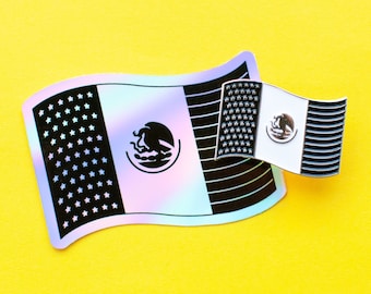 Mexican-American Enamel Pin & Holographic Sticker - Latino pride gift - Latinx culture