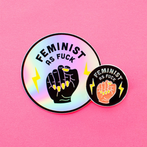 Feminist AF Enamel Pin & Holographic Sticker Set - Women empowerment gift - Girl power - Nasty woman