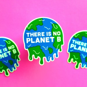 May include: Three melting earth stickers with the text "There is no Planet B" on a pink background. The stickers are green and blue.