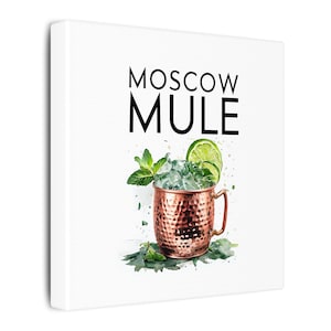 Sztuka na płótnie Moscow Mule, wystrój domowego baru, prezent dla miłośników koktajli, sztuka ścienna do kuchni, unikatowa grafika do drinków, dekoracja imprezowa z nadrukiem, wystrój wózka barowego