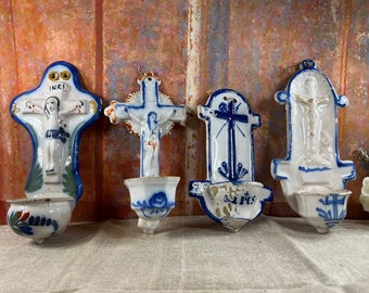 Antique French Holy water font stoup Benitier polychrome porcelain Lourdes souvenir, crucifix Jesus Christ memorabilia